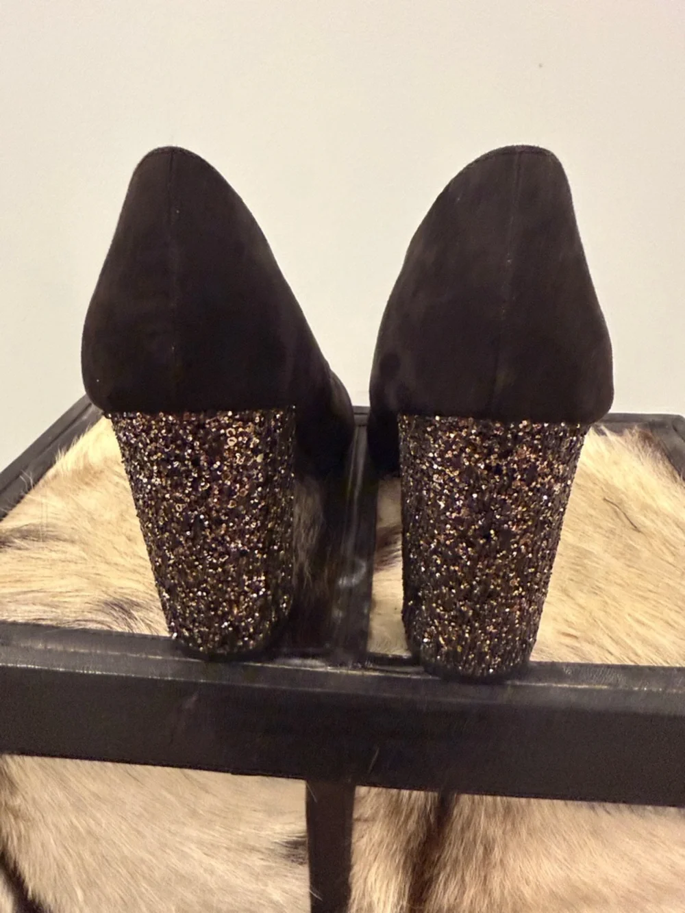 Fergalicious Black Suede Pumps with Glitter Block Heels - Picture 3 of 5